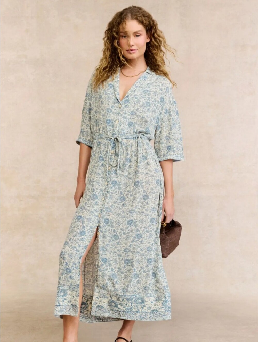 Faherty Island Times Tie Waist Floral Midi Dress White & Blue Size Small Prairie